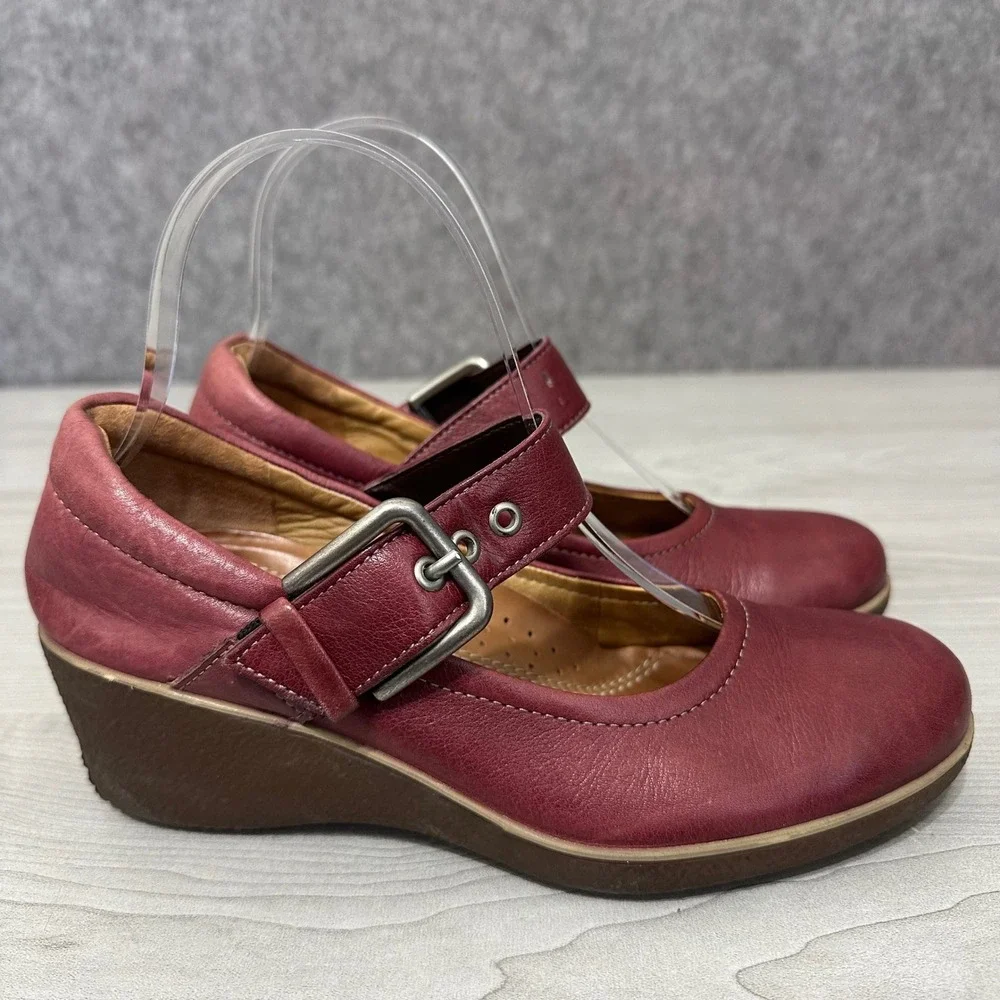 ECCO Shiver Wedge Mary Jane‎ Womens 35 US 5 Burgundy Leather Buckle Strap Shoes